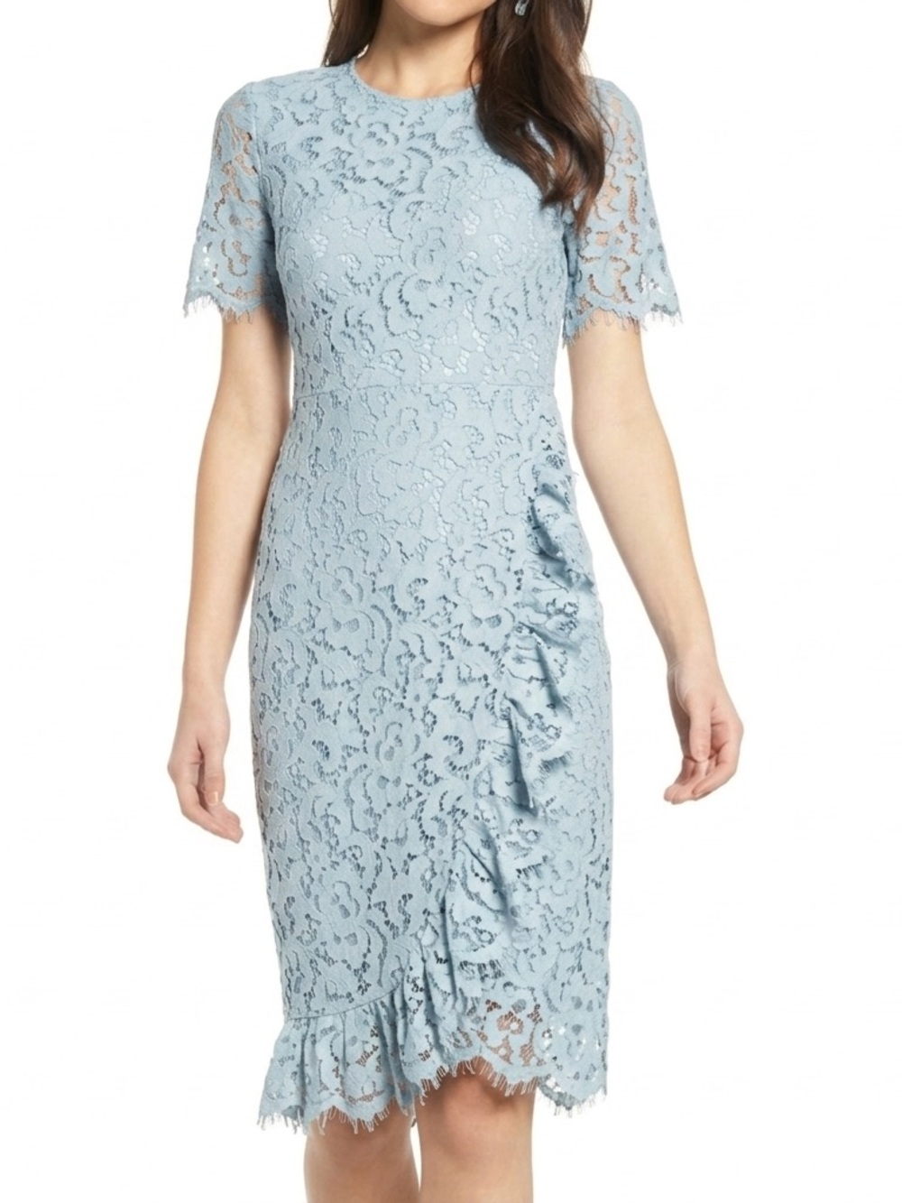Rachel Parcell NWT Light Blue Lace Ruffle Sheath Midi Dress - Size Large